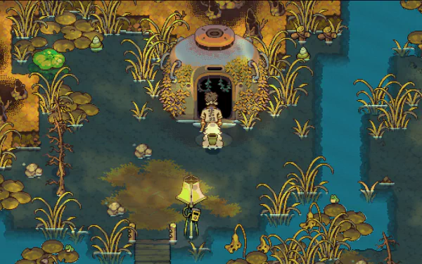 HD Eastward: Octopia desktop wallpaper featuring lush swamp environment and character exiting a pod-like structure for a scenic background.