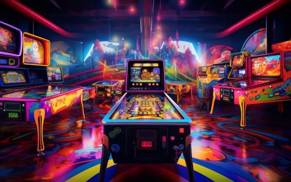 Vibrant pinball arcade HD wallpaper featuring a colorful array of pinball machines with neon lights for desktop background.