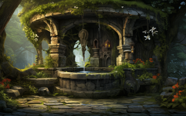 HD desktop wallpaper of a mystical forest well with lush greenery and ancient stone architecture.