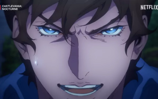 HD desktop wallpaper featuring a close-up of Richter Belmont from Netflix's Castlevania: Nocturne, showcasing intense blue eyes and a determined expression.