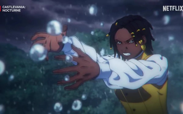 An anime scene from Castlevania: Nocturne, featuring a character with braided hair casting magic with dynamic energy, surrounded by floating bubbles. HD wallpaper from Netflix.
