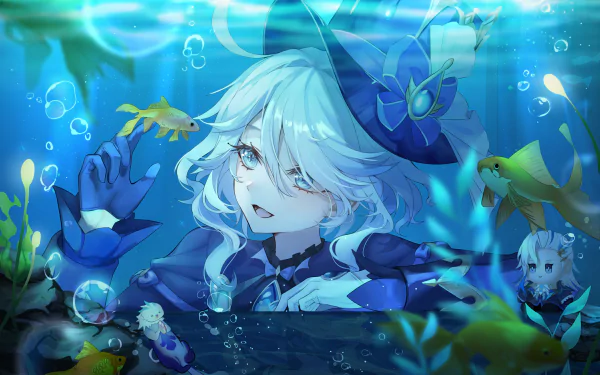 HD desktop wallpaper featuring Furina from Genshin Impact in an underwater scene surrounded by fish. The vibrant colors and detailed artwork highlight the character's ethereal presence in the video game.