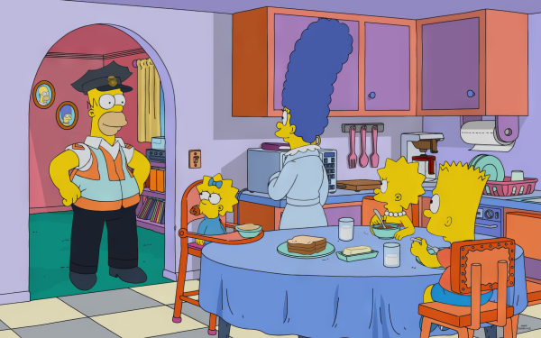 HD wallpaper featuring The Simpsons family in the kitchen for desktop background.