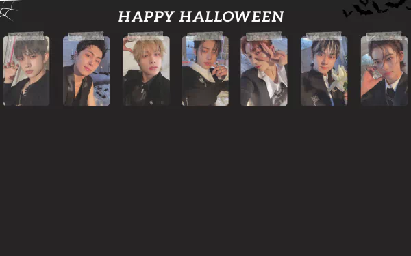 HD PC desktop wallpaper featuring the music group ENHYPEN with a Happy Halloween theme and individual member portraits against a dark background.