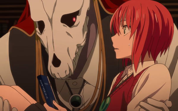 HD wallpaper of Chise Hatori and Elias Ainsworth from The Ancient Magus' Bride anime, featuring Chise with her red hair and Elias with his skull-like head close together in a dramatic scene.
