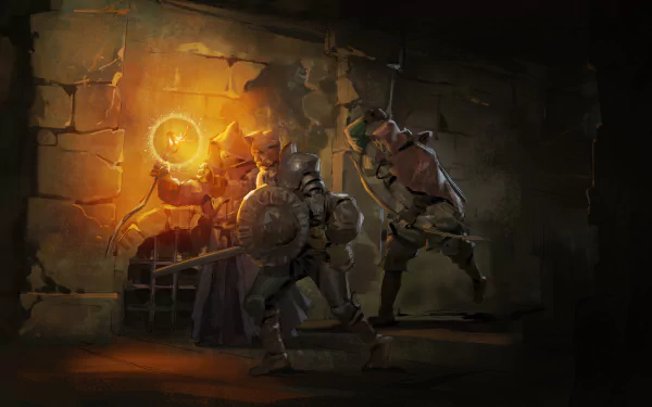 HD desktop wallpaper from the video game Dark and Darker, featuring two armored warriors battling in a dimly lit dungeon.