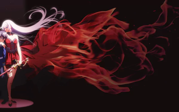 4K Ultra HD anime wallpaper featuring Leonis Death Magnus and Riselia Ray Crystalia from The Demon Sword Master of Excalibur Academy, with dynamic red and black tones.