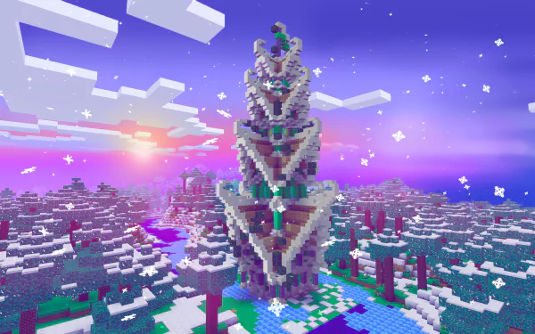 HD wallpaper of a Minecraft landscape featuring a towering structure amidst snow-covered trees under a purple sky with scattered stars.