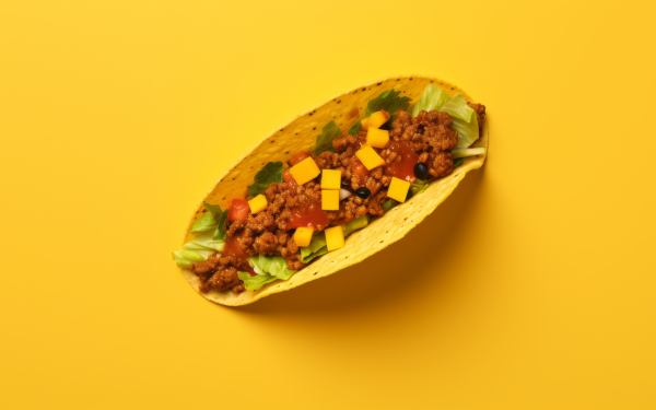 HD desktop wallpaper featuring a delicious taco with fresh ingredients on a vibrant yellow background.