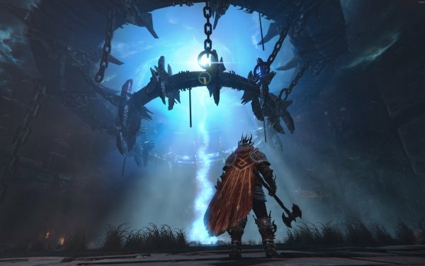 Lords of the Fallen HD Wallpaper featuring a knight standing in a mystical dungeon with a dramatic circular gate and chains overhead, ideal for a gaming desktop background.