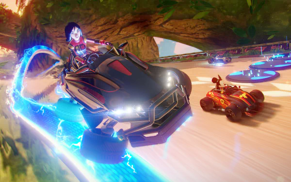 HD wallpaper featuring a dynamic Disney Speedstorm racing game scene with sleek, futuristic karts speeding on a vibrant track.