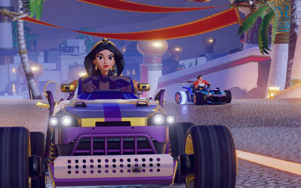 HD wallpaper featuring characters from Disney Speedstorm racing in vibrant karts, set against a colorful, bustling background of a desert cityscape.
