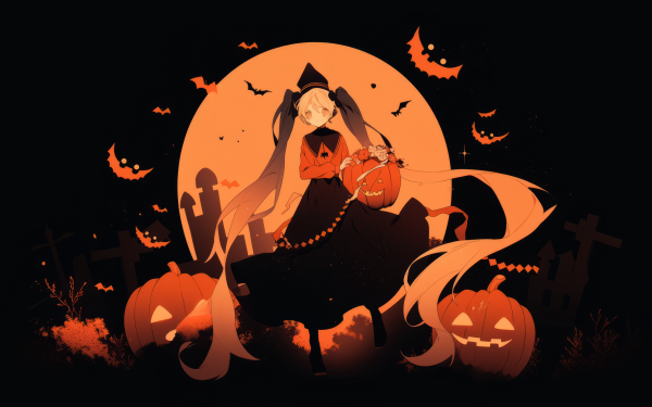 Halloween-themed HD desktop wallpaper with an illustrated witch and jack-o'-lanterns against a full moon background.
