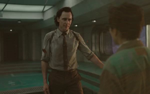HD desktop wallpaper featuring a character resembling Loki from Marvel Comics in a scene with a modern, futuristic setting.