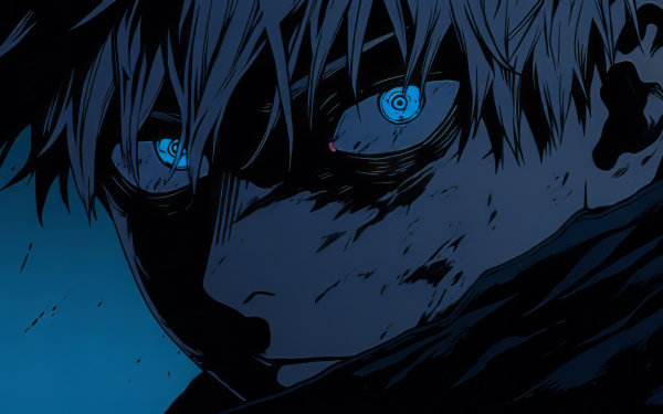 HD desktop wallpaper featuring a close-up of Satoru Gojo from Jujutsu Kaisen with a striking blue background highlighting his iconic blindfolded eyes.