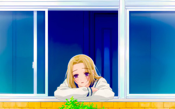 HD anime desktop wallpaper featuring a girl with blonde hair resting by a window, set against a calm blue background, inspired by Isaku Senagaki's style.