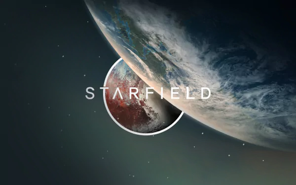 HD desktop wallpaper featuring a celestial scene with a planet and the word STARFIELD overlaying a starry background.
