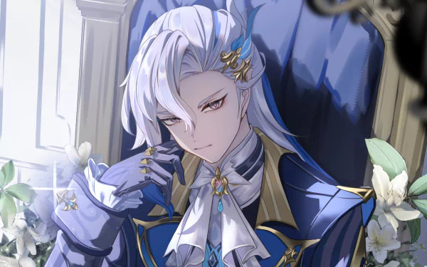 HD wallpaper of Neuvillette from Genshin Impact, featuring the character in elegant attire with a regal pose amidst a floral backdrop.