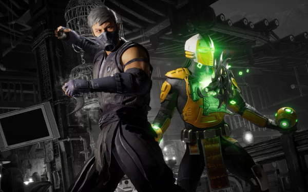 A dynamic HD wallpaper featuring Smoke and Cyrax from Mortal Kombat 1, set against an atmospheric backdrop that captures the intensity of the iconic video game.