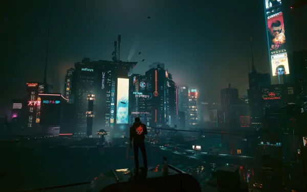 HD PC desktop wallpaper featuring V from Cyberpunk 2077 overlooking the neon-lit Night City skyline in a dark, futuristic sci-fi setting.