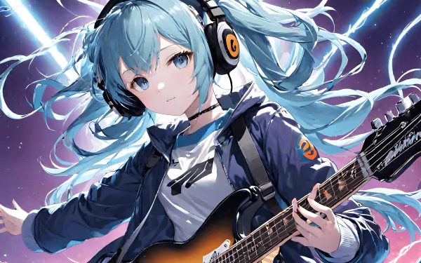A stylish anime girl playing a guitar, wearing headphones, set against a vibrant background. Perfect as HD desktop wallpaper for music lovers.