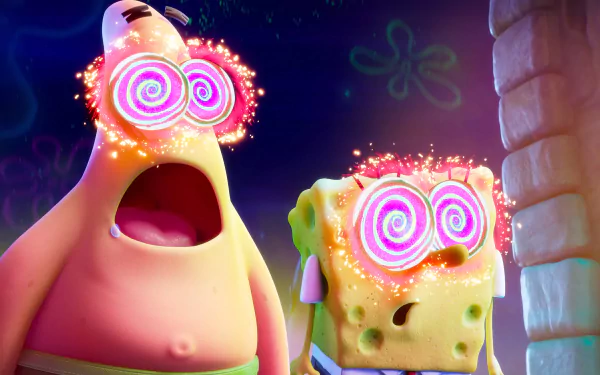HD desktop wallpaper featuring SpongeBob SquarePants and Patrick Star with swirling, hypnotic eyes from 'The SpongeBob Movie: Sponge on the Run'.