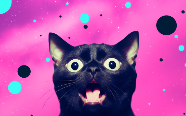 HD desktop wallpaper featuring a funny black cat with a surprised expression against a vibrant pink and blue polka-dotted background.