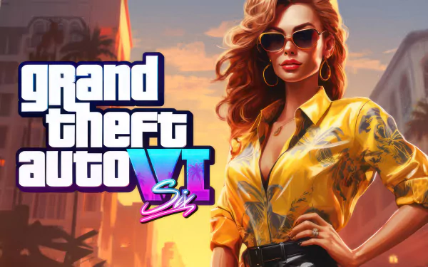 HD desktop wallpaper for Grand Theft Auto VI featuring a stylish female character in a vibrant cityscape background.