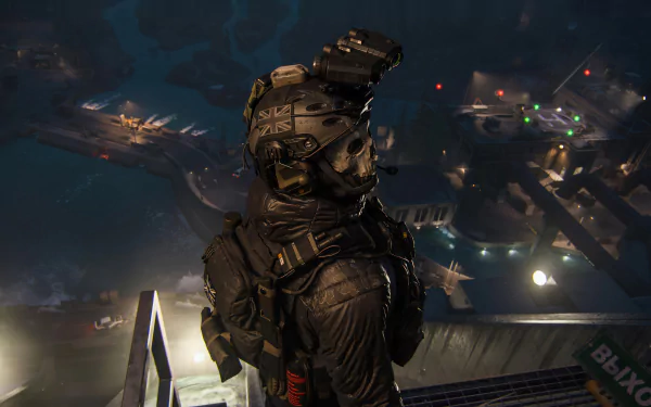 HD wallpaper from Call of Duty: Modern Warfare III (2023) featuring a detailed view of a soldier in tactical gear overlooking a night-time operation scene with aircraft.