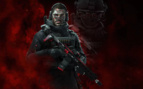 Call of Duty: Modern Warfare III HD wallpaper with an armed soldier character standing before a vivid red smoke background.