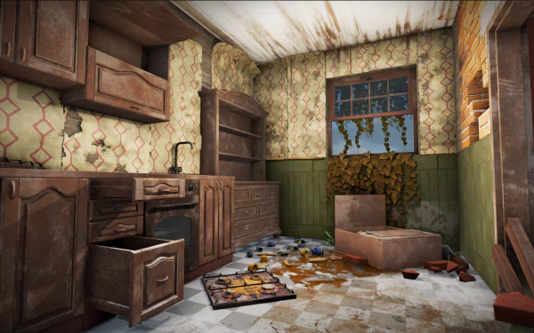 Alt-text: HD desktop wallpaper of a messy kitchen scene from House Flipper 2, showcasing detailed game graphics and interior design for renovation enthusiasts.