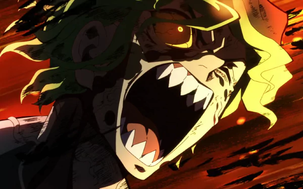 HD PC desktop wallpaper of Gyutaro from Demon Slayer: Kimetsu no Yaiba — anime close-up of his wide, fanged mouth and crazed eyes against a fiery, shadowed background.
