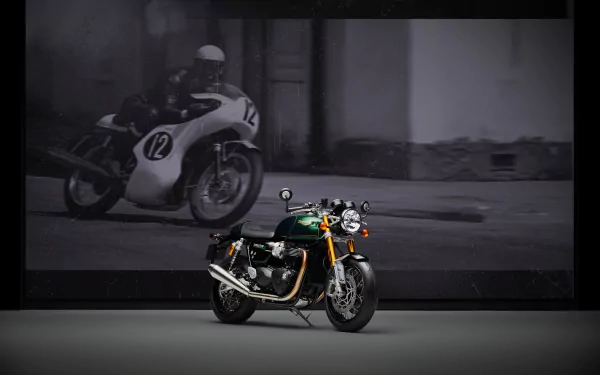 Triumph Thruxton Final Edition motorcycle featured in a stylish HD desktop wallpaper with a vintage racing theme background.