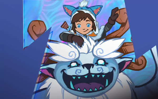 HD desktop wallpaper featuring Nunu from League of Legends, depicted joyously riding a fierce yet friendly beast.