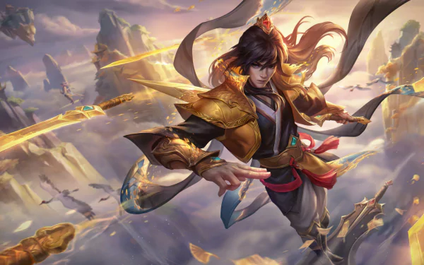 HD desktop wallpaper of Talon from League of Legends, depicted in dynamic combat pose with a dramatic, shattered mountain backdrop.