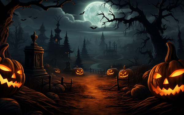 Halloween HD desktop wallpaper featuring spooky pumpkin heads along a moonlit path with eerie trees and a haunted house silhouette in the background.