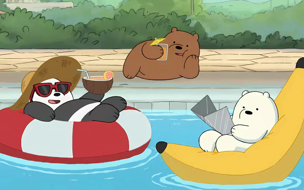 We Bare Bears characters relaxing in pool floaties, HD desktop wallpaper and background.