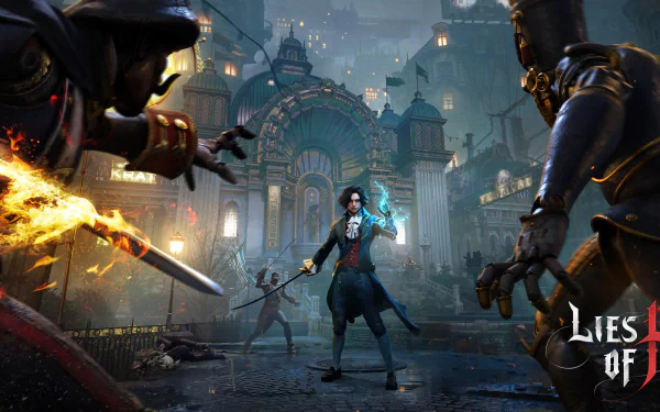 HD desktop wallpaper featuring a dynamic scene from Lies Of P, with a character wielding a glowing weapon in a dark, gothic cityscape background.