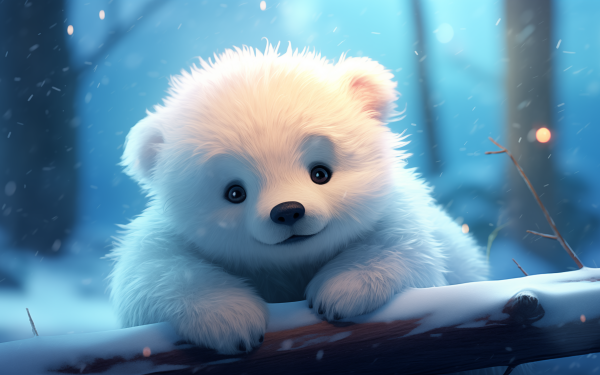 Cute animated white bear cub in a snowy forest scene HD desktop wallpaper.