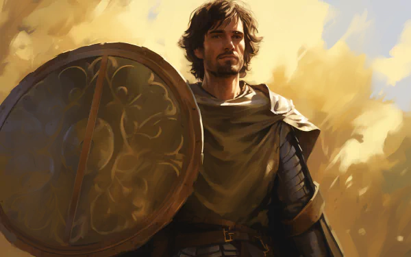 HD wallpaper of a stoic warrior with a shield, set against a golden-hued background.