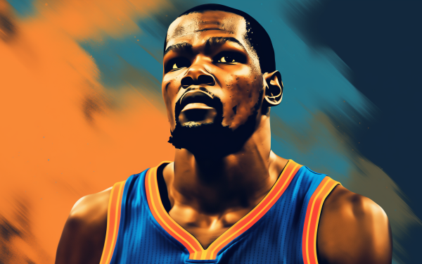 Stylized HD basketball desktop wallpaper featuring a player in blue and orange jersey against an vibrant orange and blue background.