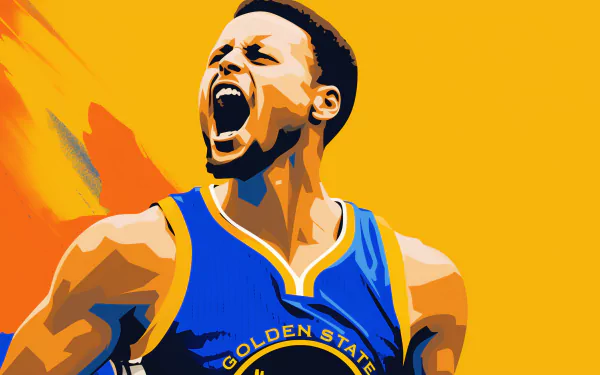 High-Resolution Desktop Wallpaper Featuring a Stylized Illustration of a Golden State Warriors Basketball Player in Action on a Vibrant Yellow Background.