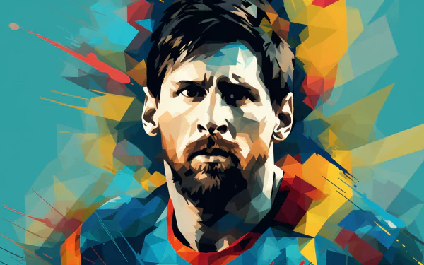 HD desktop wallpaper featuring a colorful geometric illustration of soccer player Lionel Messi in a Barcelona jersey.