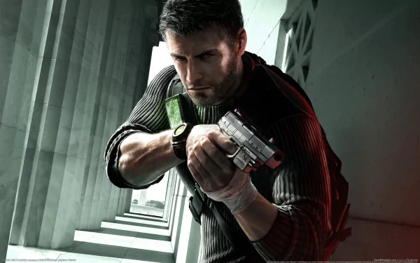 HD PC desktop wallpaper featuring a tense scene from the video game Tom Clancy's Splinter Cell: Conviction, showing the protagonist aiming a handgun in a shadowy environment.