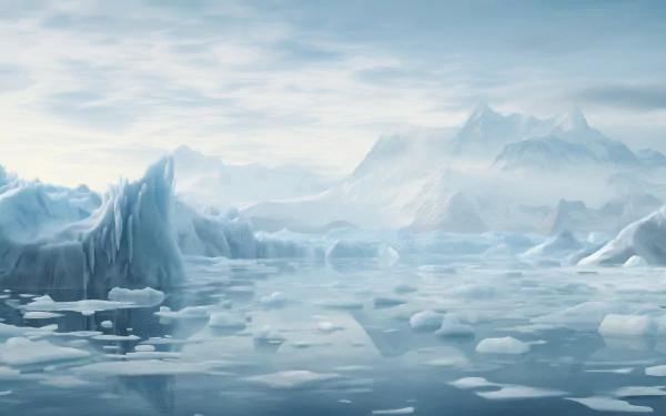 HD desktop wallpaper featuring a serene Arctic glacier landscape with icebergs and mountains reflecting in the calm icy waters.