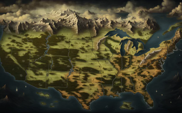 High-definition desktop wallpaper featuring a stylized fantasy map of the USA with textured landscapes for a creative background.