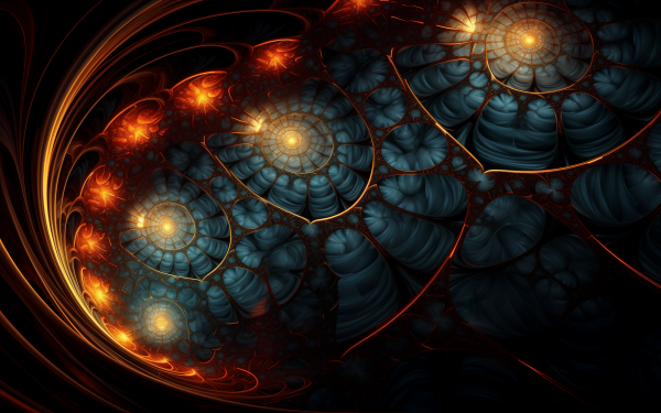 HD fractal wallpaper featuring glowing orange and blue patterns for desktop background.