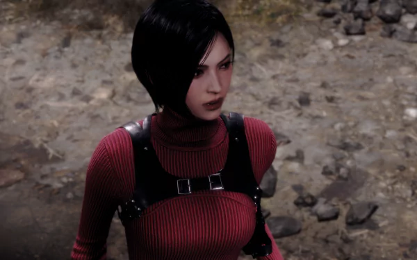 Ada Wong in a red ribbed sweater with tactical harness on rocky ground — 4K Ultra HD PC desktop wallpaper from Resident Evil 4: Separate Ways remake (2023).
