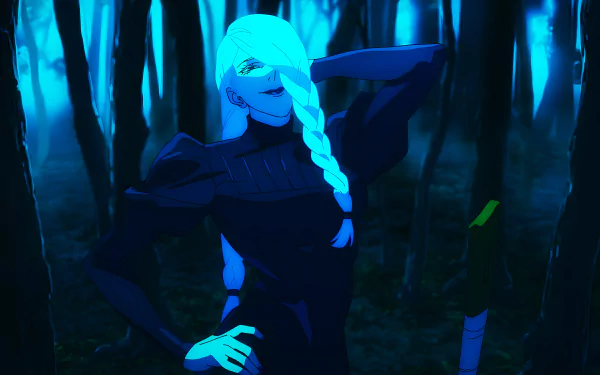 Mei Mei from Jujutsu Kaisen poses confidently in a dark forest, captured in vibrant 8K Ultra HD anime style for a PC desktop wallpaper.