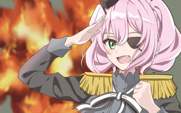 Anime-style 4K Ultra HD wallpaper featuring Annette from Spy Classroom, saluting with a confident smile and an eye patch against a fiery background.